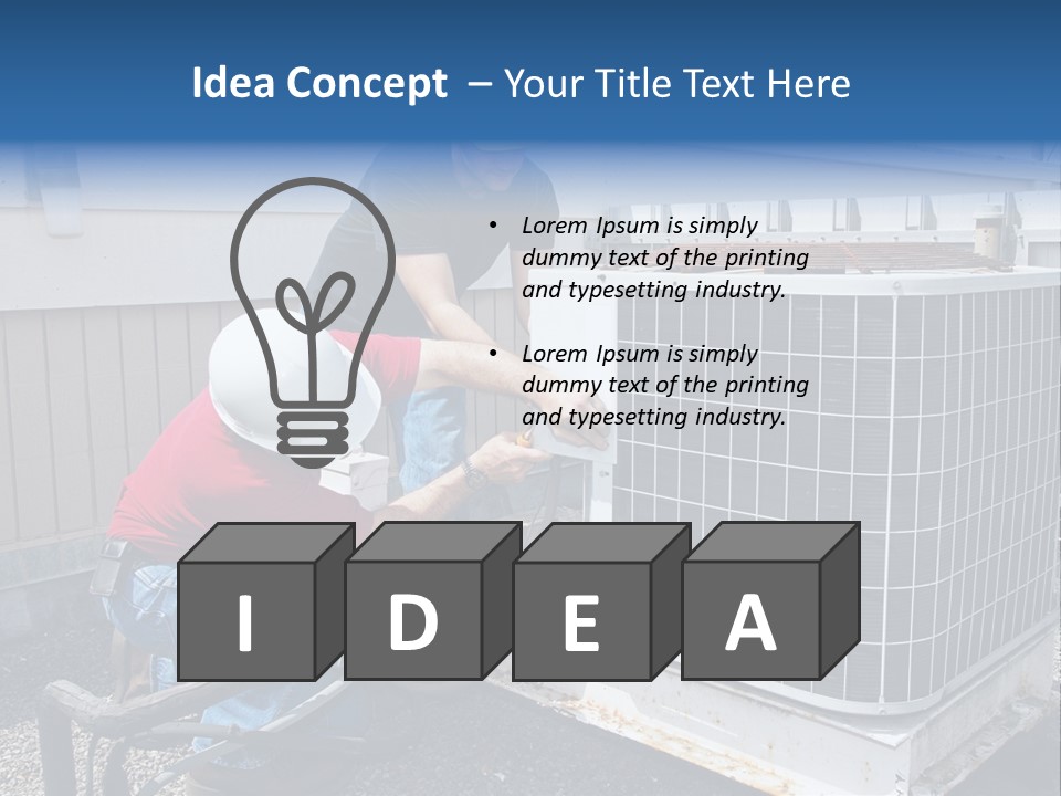 Two Workers On The Roof Of A Building Working On The Air Conditioning Unit. PowerPoint Template