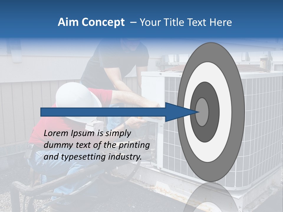 Two Workers On The Roof Of A Building Working On The Air Conditioning Unit. PowerPoint Template