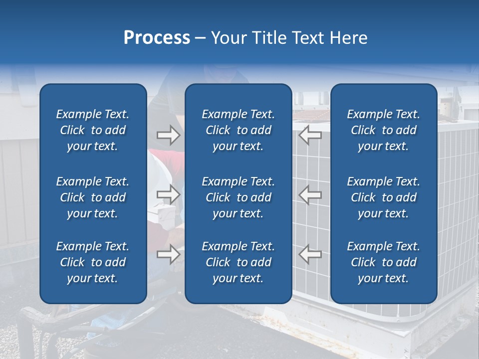 Two Workers On The Roof Of A Building Working On The Air Conditioning Unit. PowerPoint Template