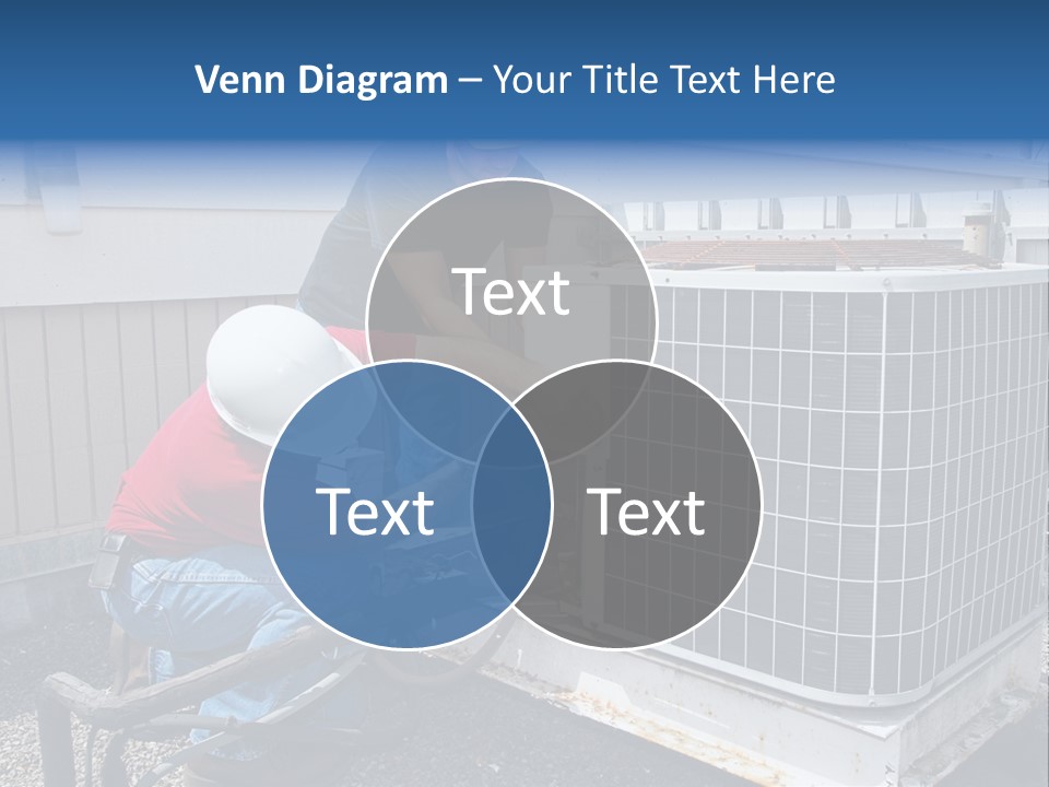Two Workers On The Roof Of A Building Working On The Air Conditioning Unit. PowerPoint Template