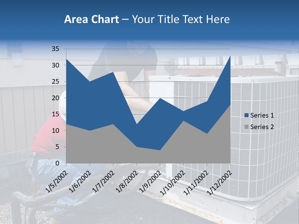 Two Workers On The Roof Of A Building Working On The Air Conditioning Unit. PowerPoint Template