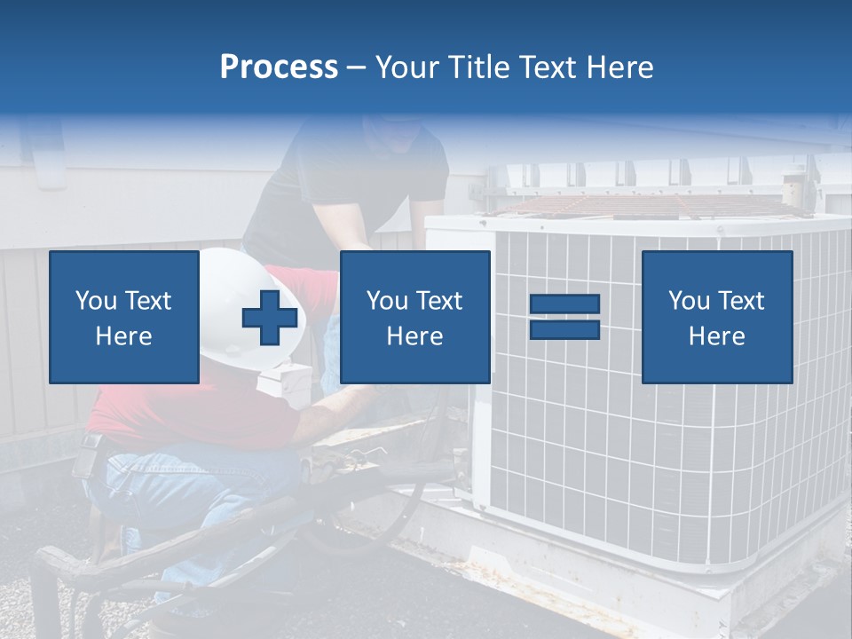 Two Workers On The Roof Of A Building Working On The Air Conditioning Unit. PowerPoint Template