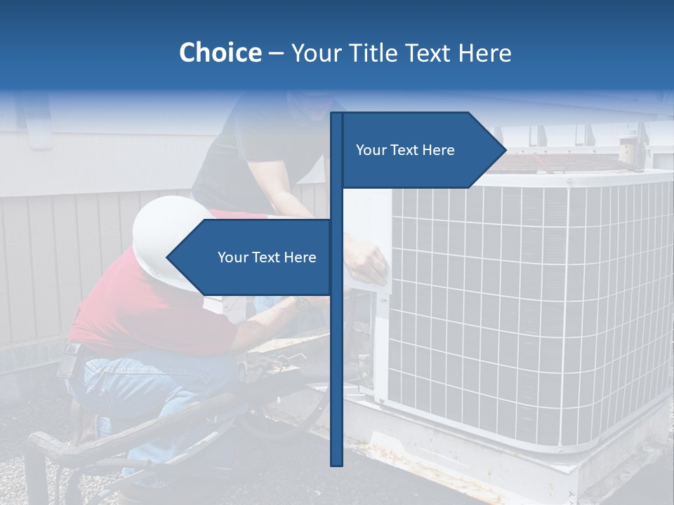 Two Workers On The Roof Of A Building Working On The Air Conditioning Unit. PowerPoint Template