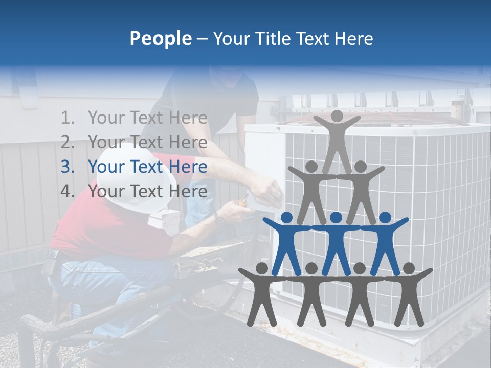 Two Workers On The Roof Of A Building Working On The Air Conditioning Unit. PowerPoint Template