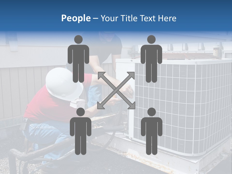 Two Workers On The Roof Of A Building Working On The Air Conditioning Unit. PowerPoint Template