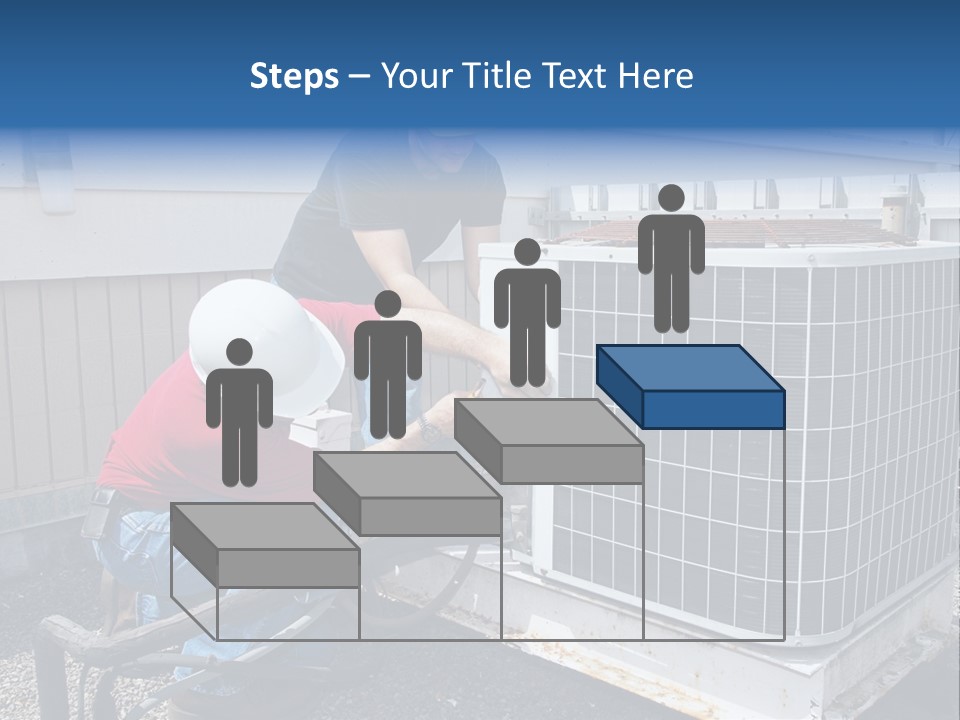 Two Workers On The Roof Of A Building Working On The Air Conditioning Unit. PowerPoint Template