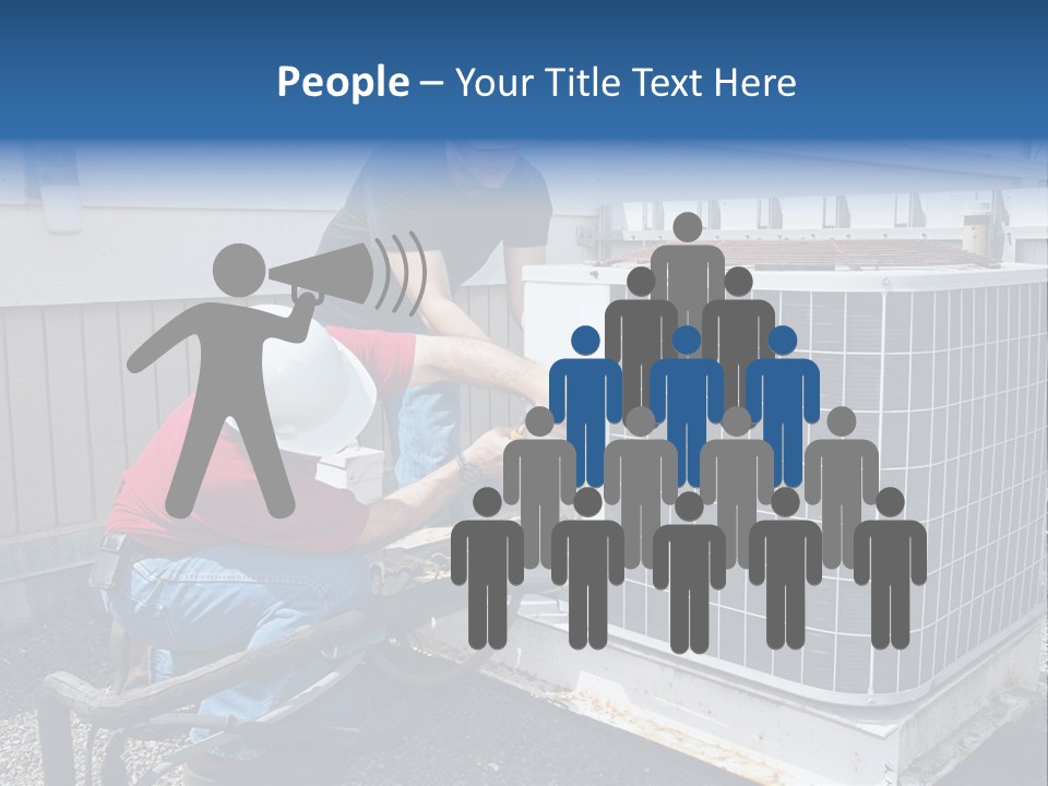 Two Workers On The Roof Of A Building Working On The Air Conditioning Unit. PowerPoint Template