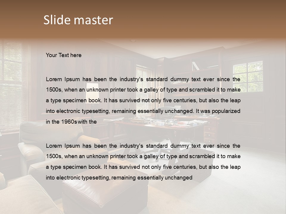 A Home Office With A Leather Chair And A Desk PowerPoint Template