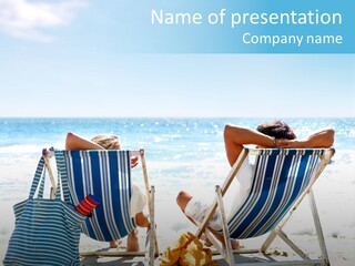 Two People Sitting In Beach Chairs On The Beach PowerPoint Template