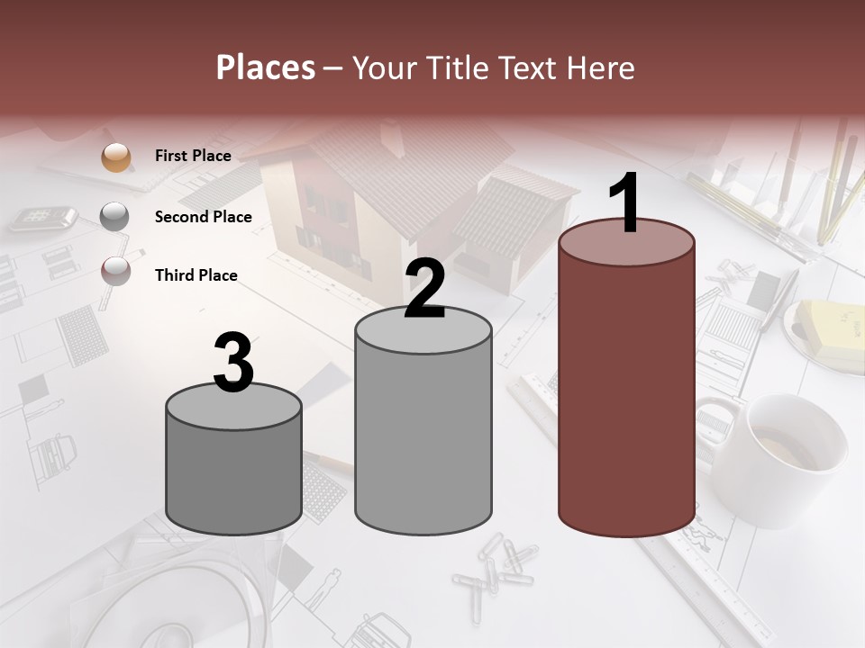 A House On Top Of A Blueprint With Pencils And A Cup Of Coffee PowerPoint Template