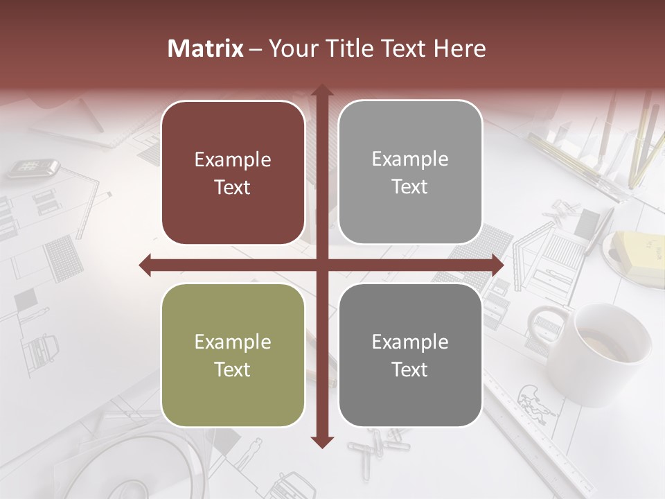 A House On Top Of A Blueprint With Pencils And A Cup Of Coffee PowerPoint Template
