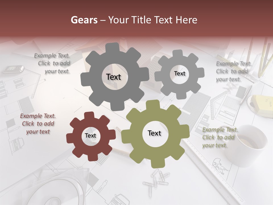 A House On Top Of A Blueprint With Pencils And A Cup Of Coffee PowerPoint Template