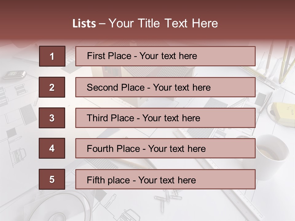 A House On Top Of A Blueprint With Pencils And A Cup Of Coffee PowerPoint Template