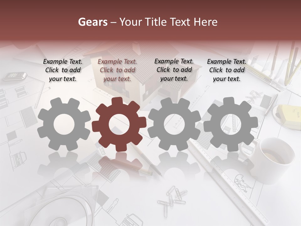 A House On Top Of A Blueprint With Pencils And A Cup Of Coffee PowerPoint Template