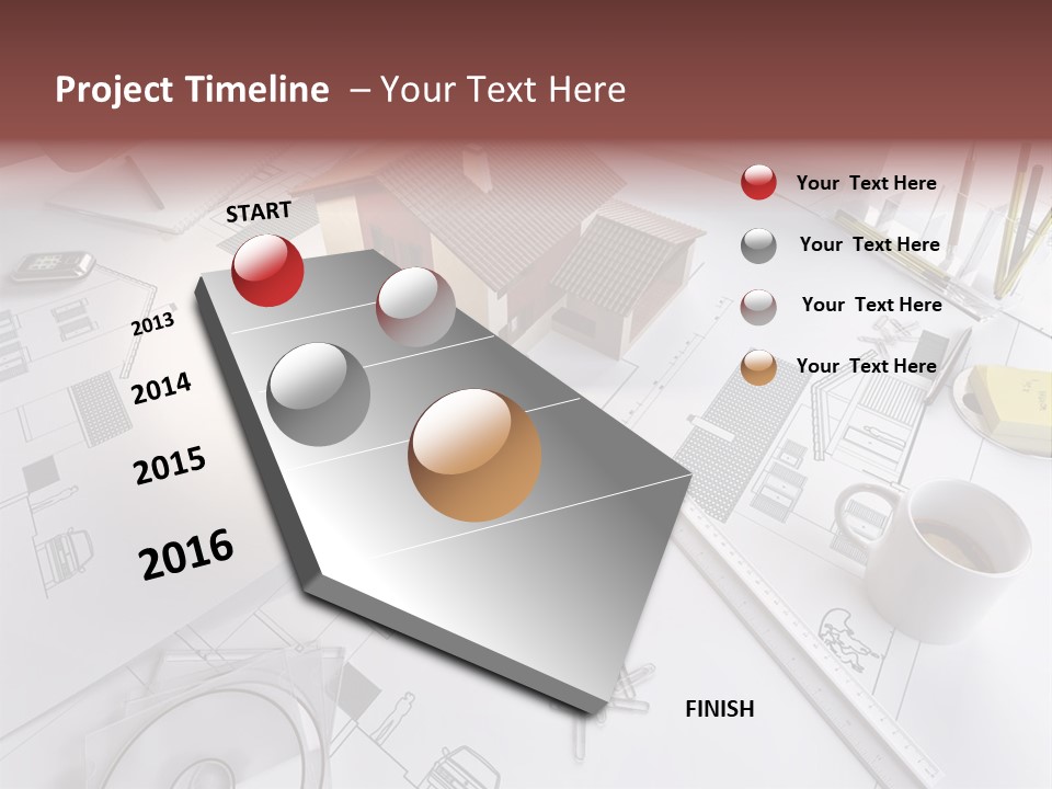 A House On Top Of A Blueprint With Pencils And A Cup Of Coffee PowerPoint Template