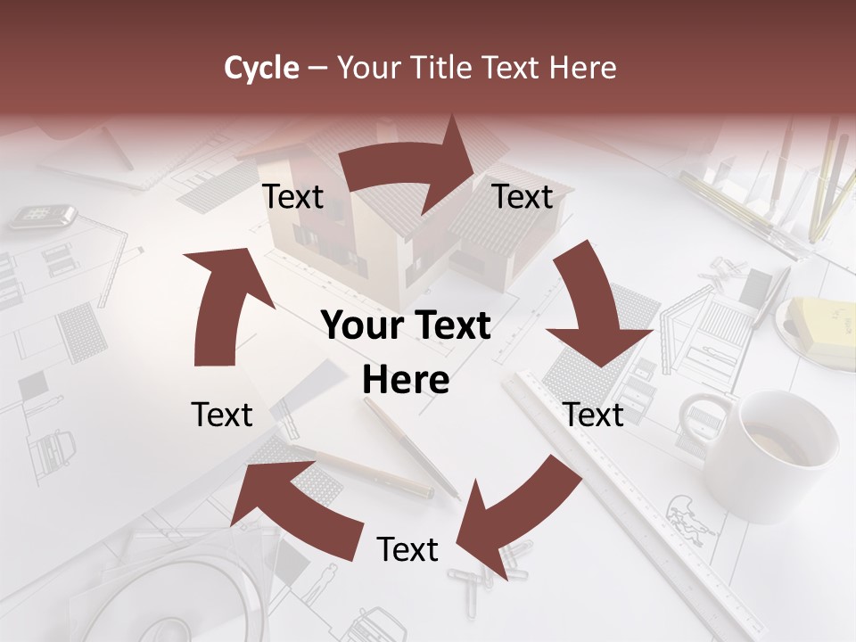 A House On Top Of A Blueprint With Pencils And A Cup Of Coffee PowerPoint Template