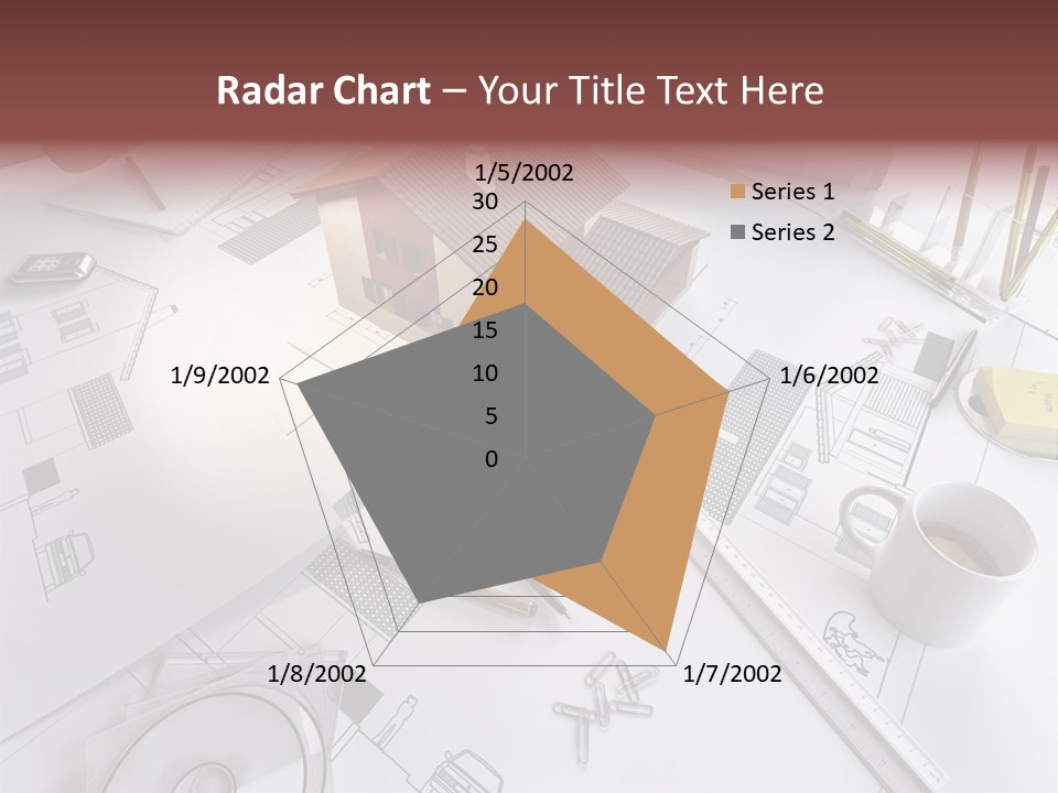 A House On Top Of A Blueprint With Pencils And A Cup Of Coffee PowerPoint Template