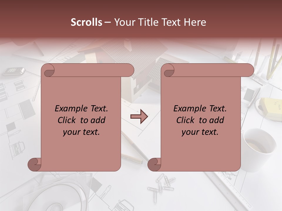 A House On Top Of A Blueprint With Pencils And A Cup Of Coffee PowerPoint Template