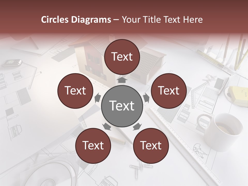 A House On Top Of A Blueprint With Pencils And A Cup Of Coffee PowerPoint Template