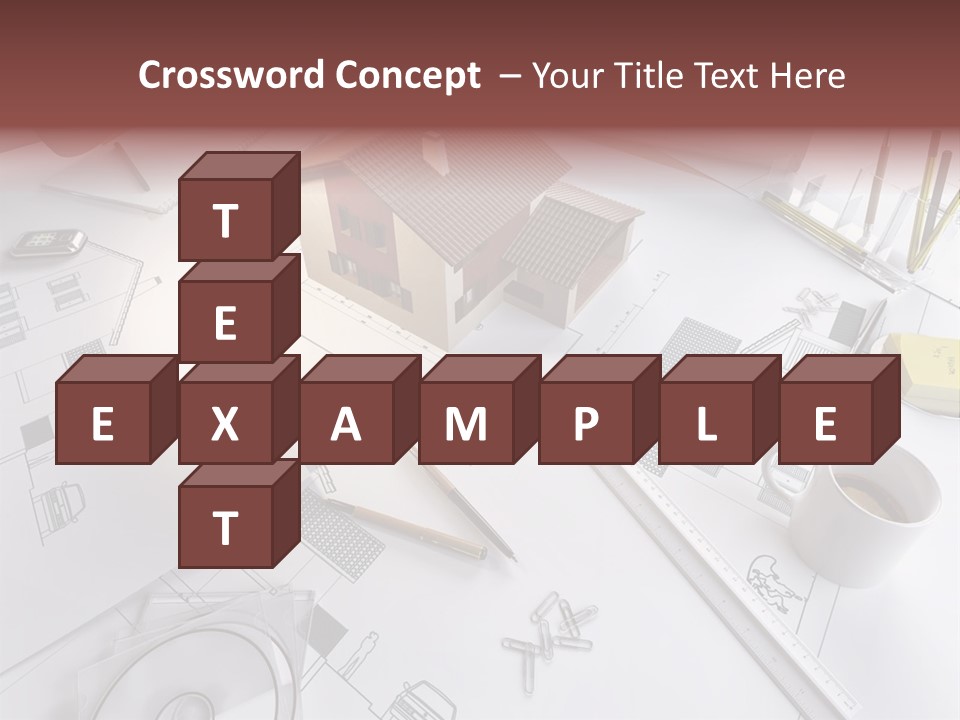 A House On Top Of A Blueprint With Pencils And A Cup Of Coffee PowerPoint Template