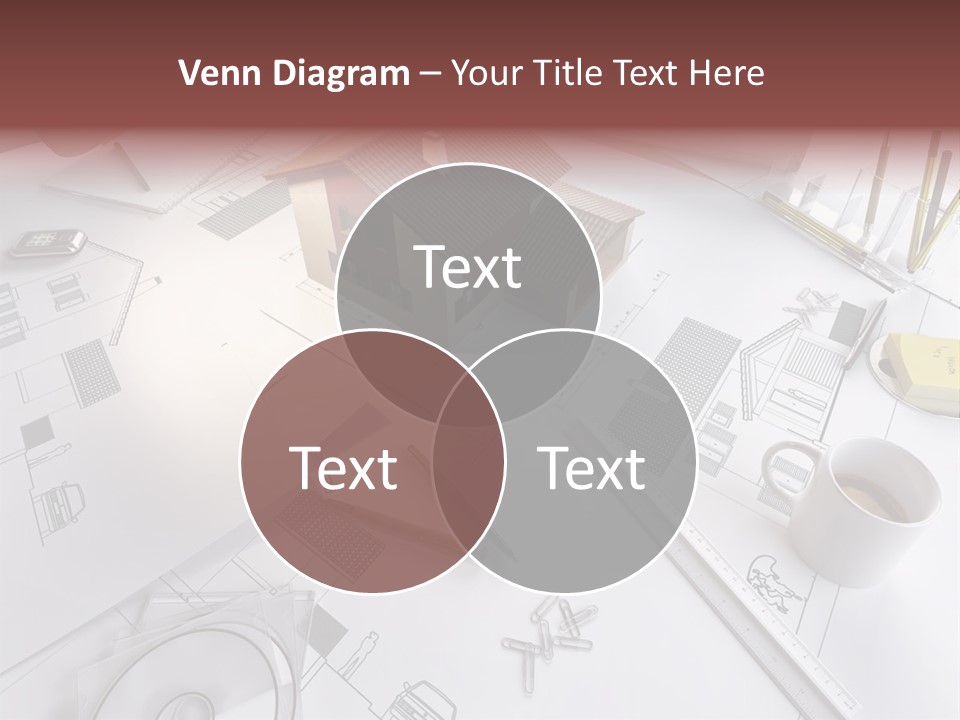 A House On Top Of A Blueprint With Pencils And A Cup Of Coffee PowerPoint Template