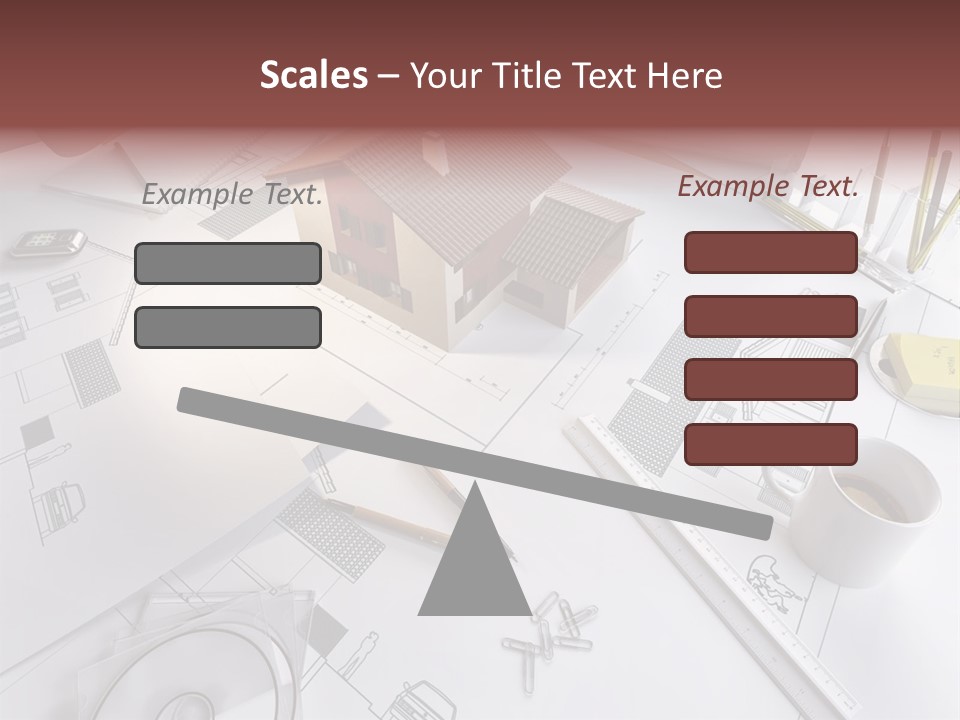 A House On Top Of A Blueprint With Pencils And A Cup Of Coffee PowerPoint Template