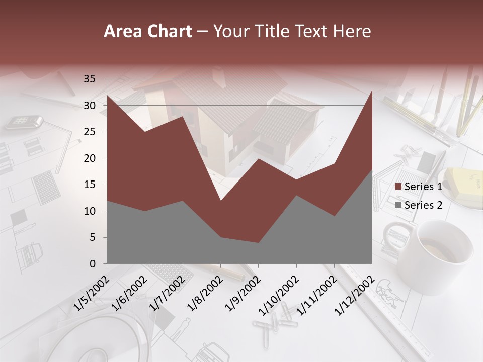A House On Top Of A Blueprint With Pencils And A Cup Of Coffee PowerPoint Template