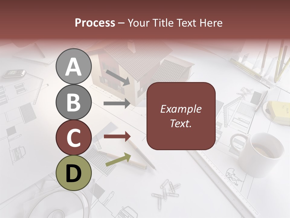 A House On Top Of A Blueprint With Pencils And A Cup Of Coffee PowerPoint Template