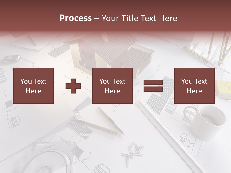 A House On Top Of A Blueprint With Pencils And A Cup Of Coffee PowerPoint Template