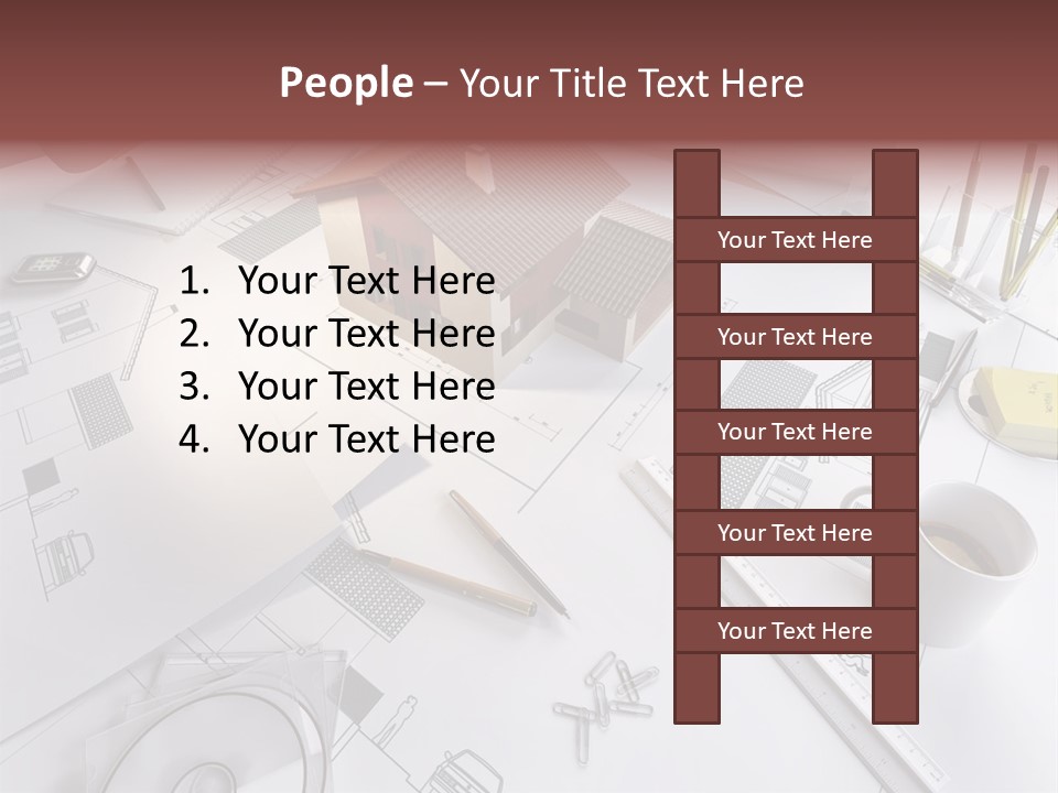 A House On Top Of A Blueprint With Pencils And A Cup Of Coffee PowerPoint Template