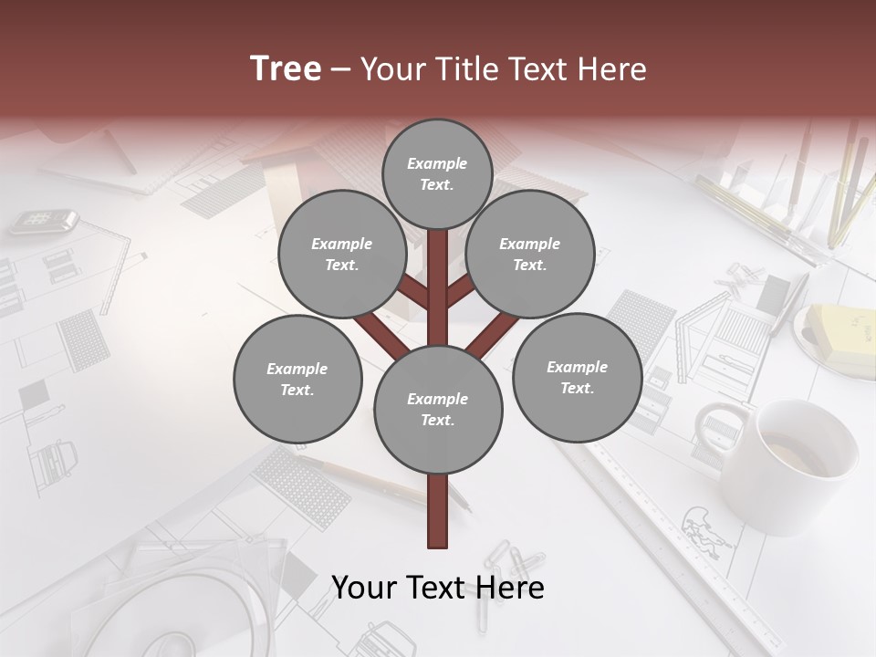 A House On Top Of A Blueprint With Pencils And A Cup Of Coffee PowerPoint Template