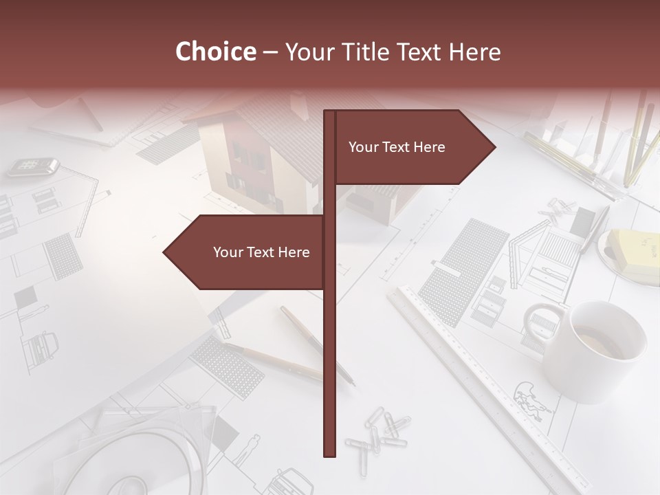 A House On Top Of A Blueprint With Pencils And A Cup Of Coffee PowerPoint Template