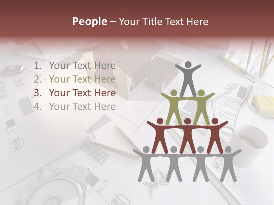 A House On Top Of A Blueprint With Pencils And A Cup Of Coffee PowerPoint Template