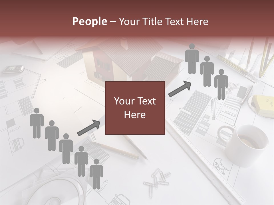 A House On Top Of A Blueprint With Pencils And A Cup Of Coffee PowerPoint Template