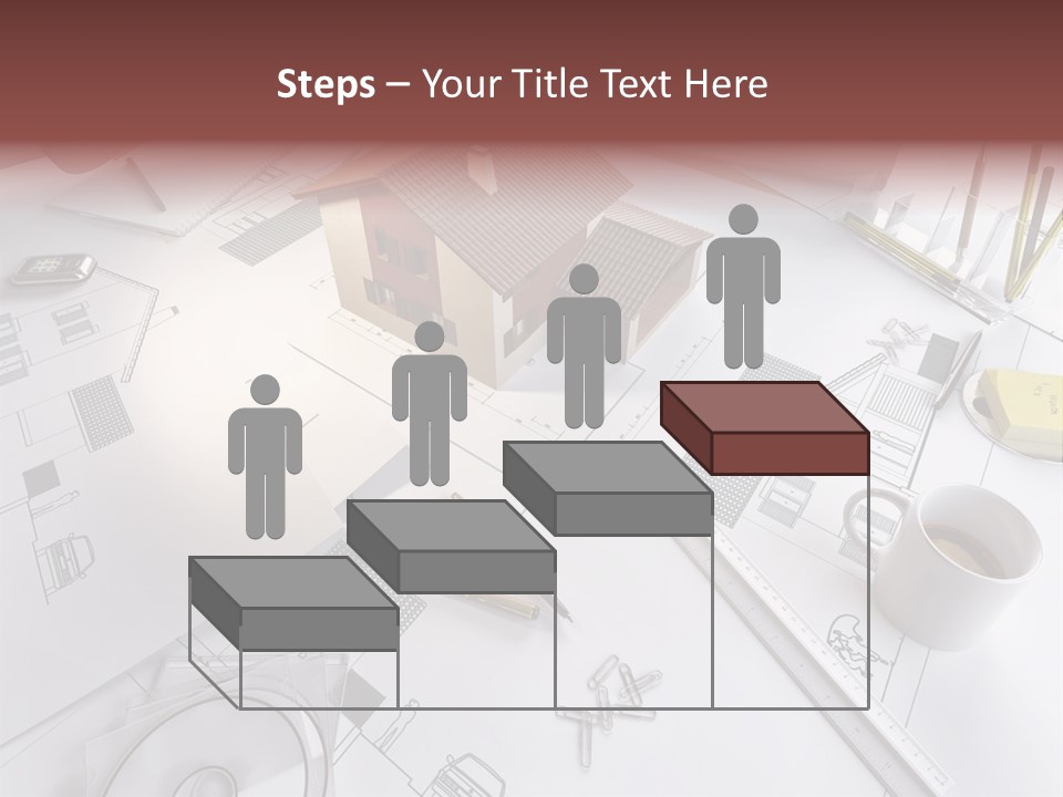 A House On Top Of A Blueprint With Pencils And A Cup Of Coffee PowerPoint Template