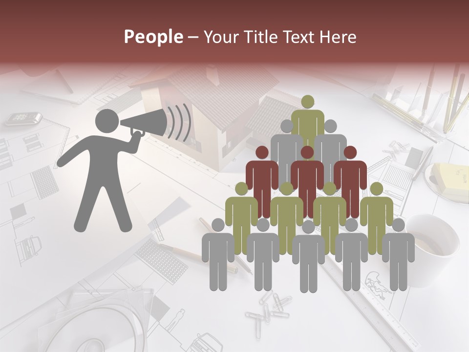 A House On Top Of A Blueprint With Pencils And A Cup Of Coffee PowerPoint Template