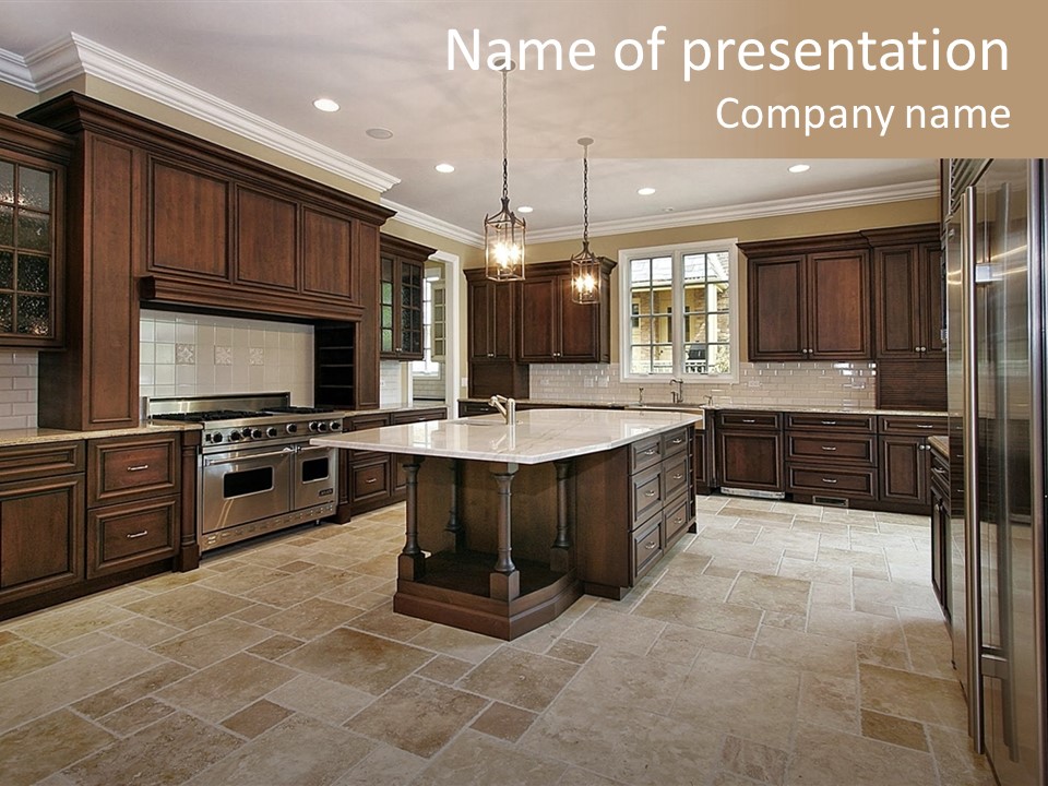 Wood Cabinet Kitchen In Luxury Home PowerPoint Template