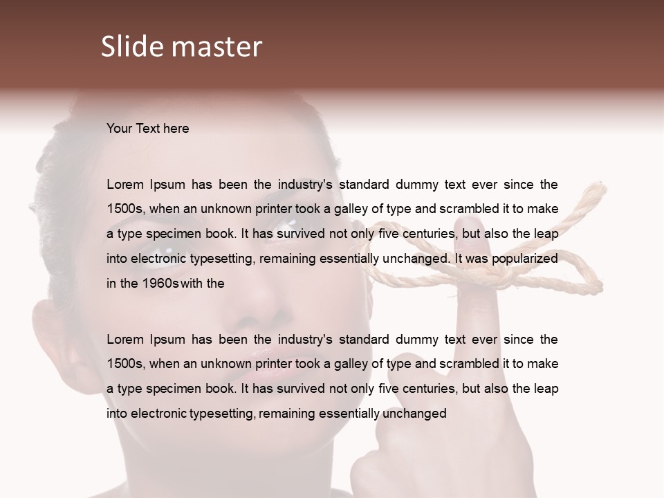 Attractive Young Woman Trying To Remember What The Piece Of String Round Her Finger Was Meant To Remind Her Of, Isolated On White Background. PowerPoint Template