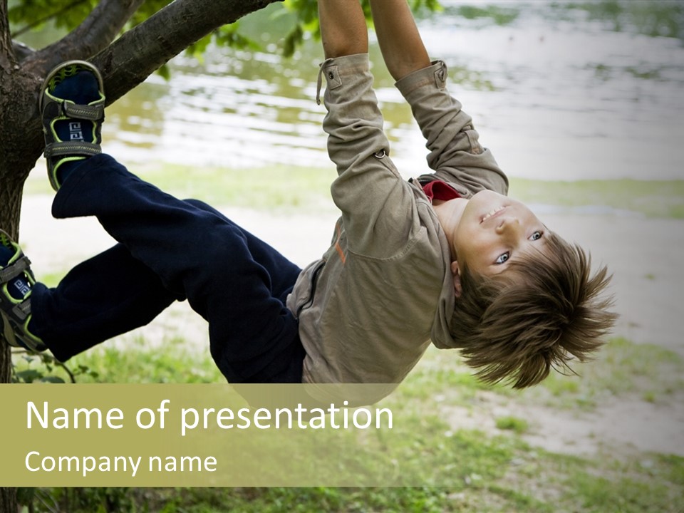 Cute Boy Hanging From Branch Of Tree. Summer Time PowerPoint Template