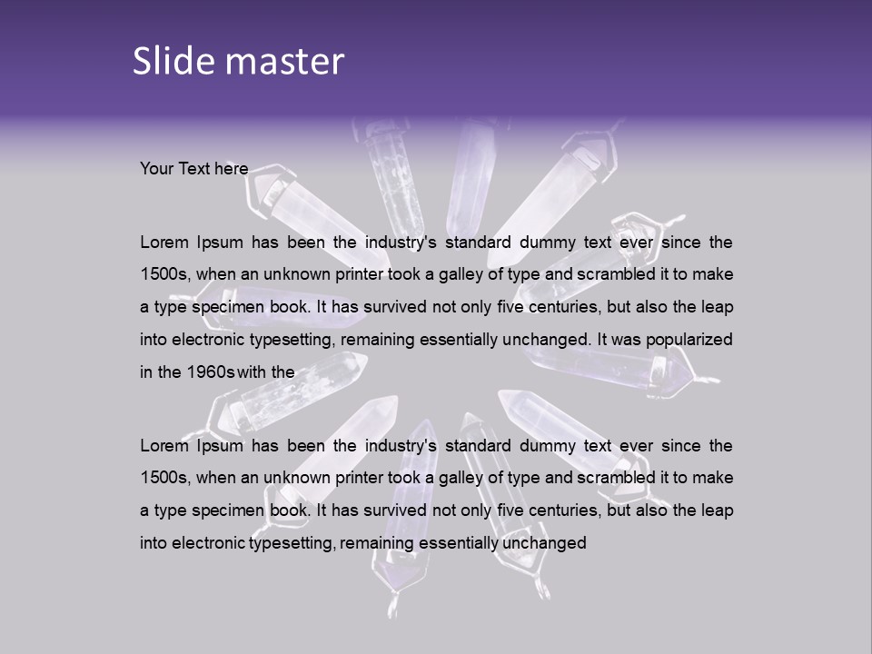 Twelve Crystal Quartz, Rose Quartz, And Amethyst Points With Silver Mountings Arranged To Create A Circular Sunburst, Isolated On Black Background PowerPoint Template