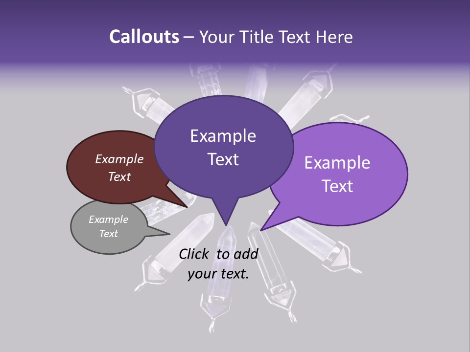 Twelve Crystal Quartz, Rose Quartz, And Amethyst Points With Silver Mountings Arranged To Create A Circular Sunburst, Isolated On Black Background PowerPoint Template