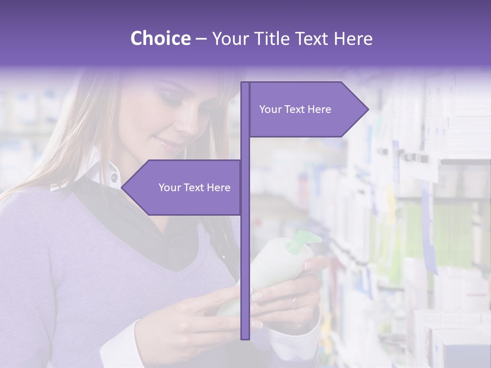 Portrait Of Blonde Woman Reading Label Of Shampoo In Pharmacy. Copy Space PowerPoint Template