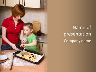 Mother And Her Little Son Making Pie With Apples And Blackberry PowerPoint Template