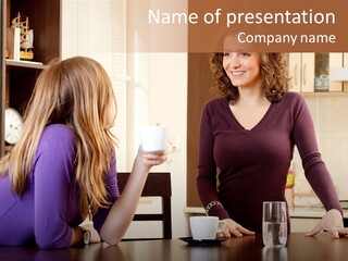 Two Friends Having Coffee And Chatting PowerPoint Template