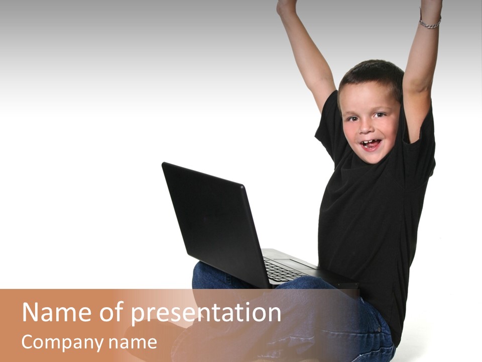 Excited Young Child Working On Computer With Arms Up In Excitement PowerPoint Template