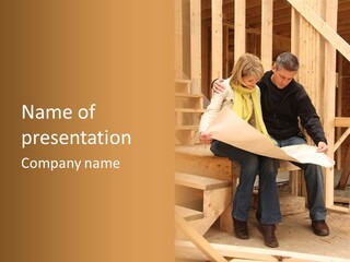 Happy Couple Going Over The Blue Prints Of Their New Home Still Under Construction. PowerPoint Template