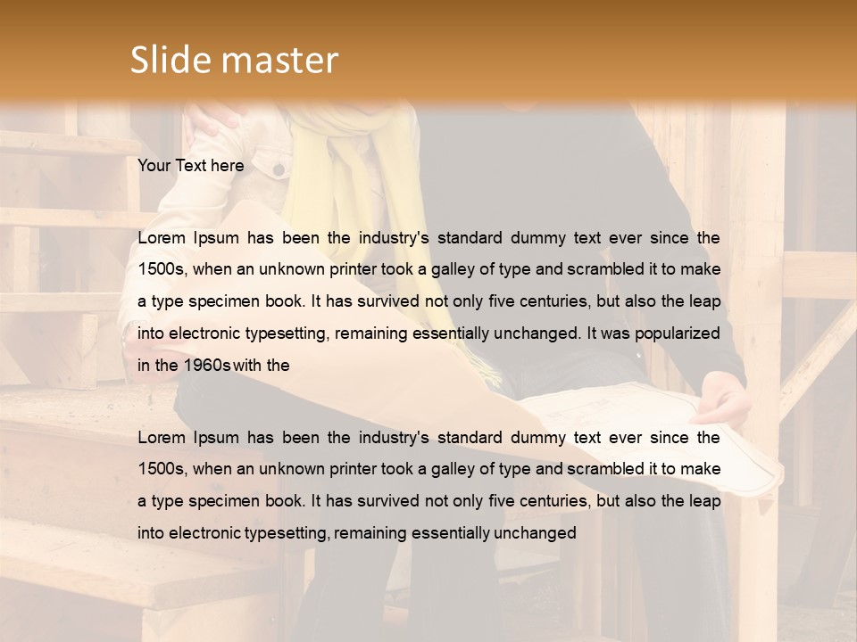 Happy Couple Going Over The Blue Prints Of Their New Home Still Under Construction. PowerPoint Template