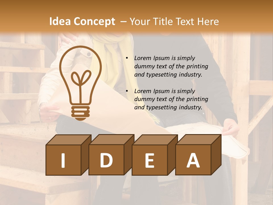 Happy Couple Going Over The Blue Prints Of Their New Home Still Under Construction. PowerPoint Template