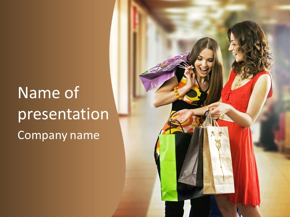 Two Beautiful Young Women In A Shopping Center Checking Bags PowerPoint Template