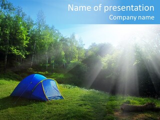 Tourist Tent In The Green Fores, Blue Sky And Sun PowerPoint Template